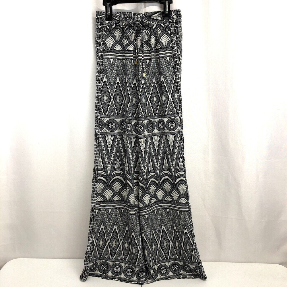 H&M Womens Sz 4 Pants Black & White Geometric Print Wide Leg Silky Pockets